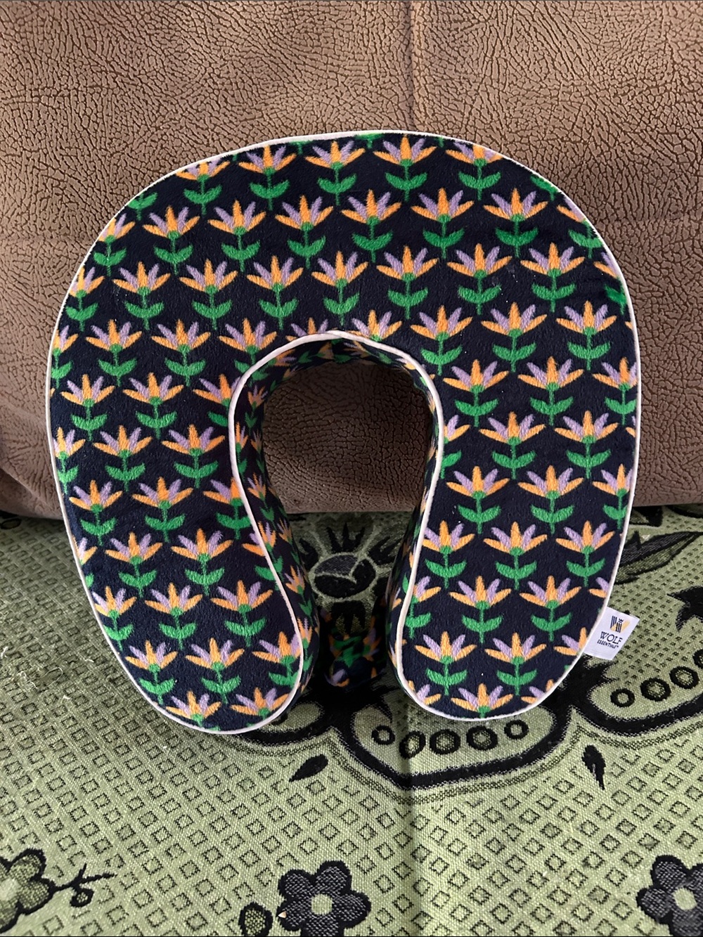 WOLF Navy Travel Neck Pillow with Green and Peach Floral Print